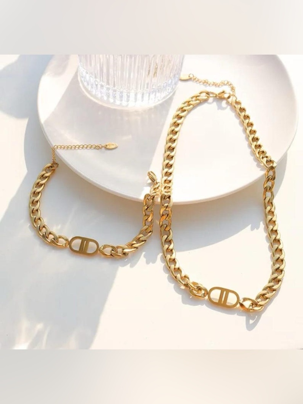 SOLD Stainless Steel Luxury Designer Gold Chain Bracelet & Necklace Set - Picture 8 of 16
